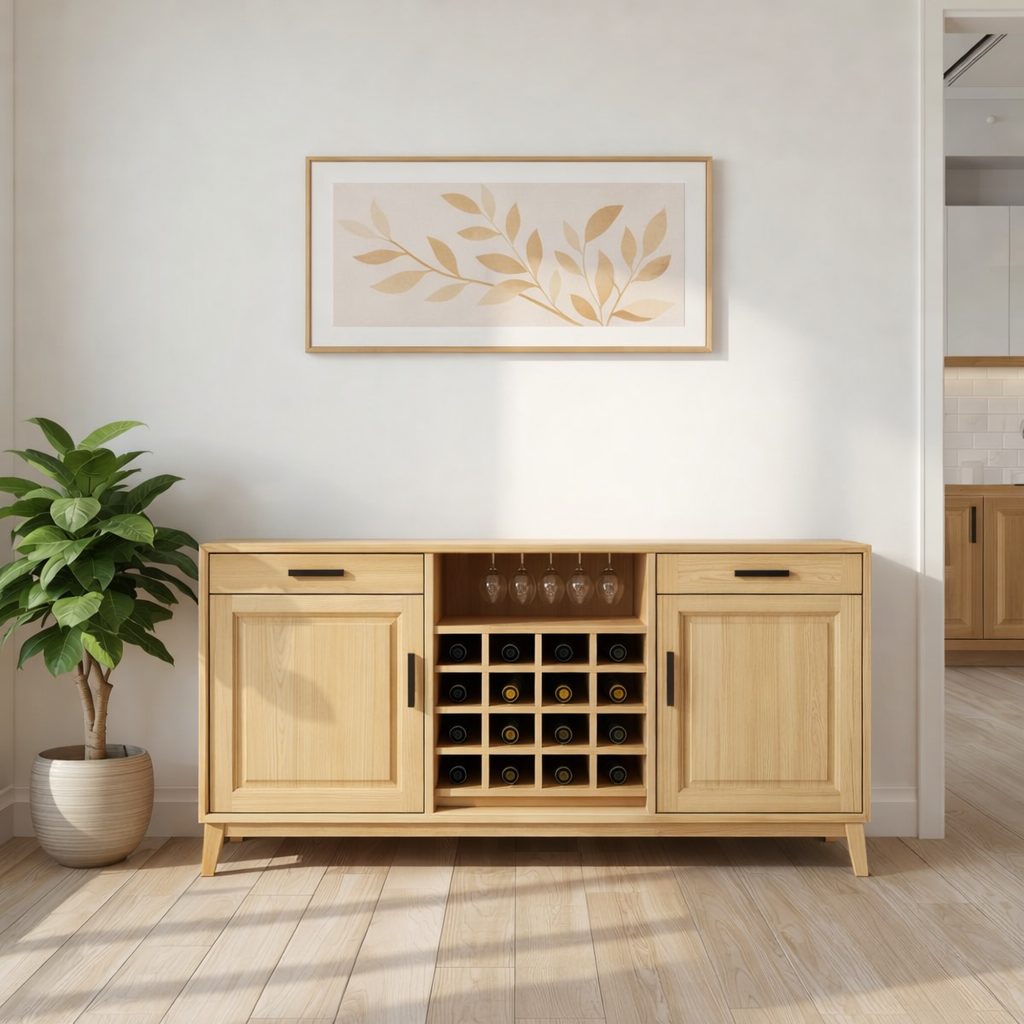 Mid Century Solid Wood Wine Cabinet with Bottle Rack and Glass Storage Sideboard