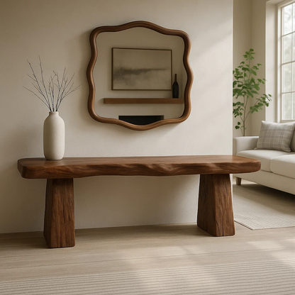 Solid Wood Entryway Bench with Sculpted Base, Handmade Rustic Hallway Seat