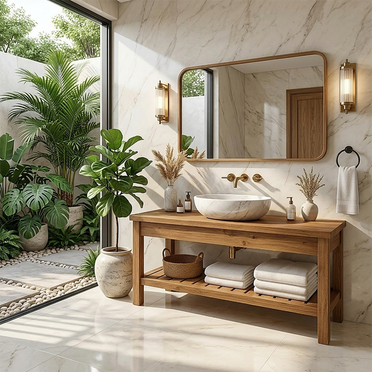 Modern Oak Bathroom Vanity with White Marble Sink and Golden Fixtures Kitchnce