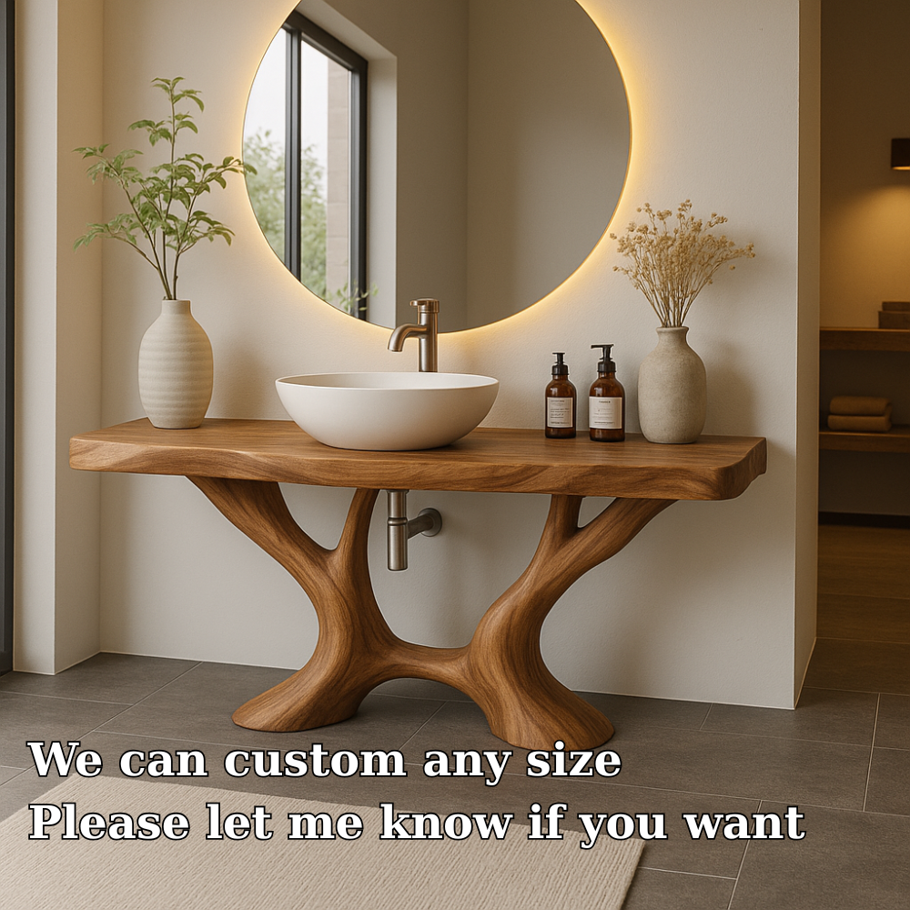 Handcrafted Solid Wood Bathroom Vanity with Artistic Branch Base – Modern Organic Bathroom Design Kitchnce