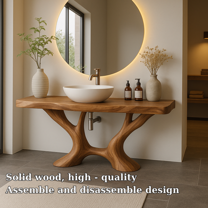 Handcrafted Solid Wood Bathroom Vanity with Artistic Branch Base – Modern Organic Bathroom Design Kitchnce