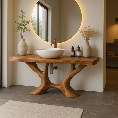 Handcrafted Solid Wood Bathroom Vanity with Artistic Branch Base – Modern Organic Bathroom Design Kitchnce