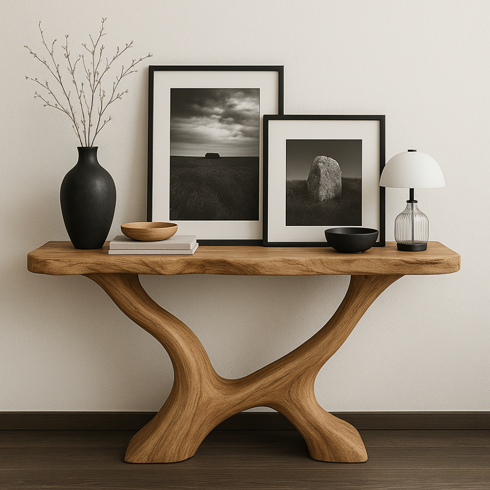 Handcrafted Solid Wood Console Table with Sculptural Base – Modern Organic Entryway Design Kitchnce