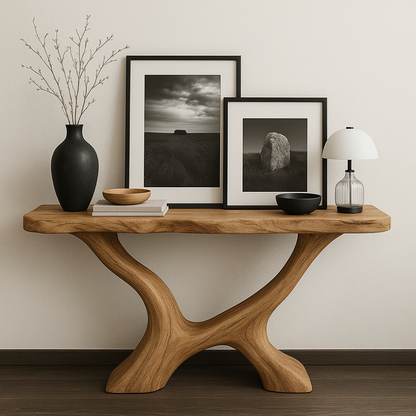 Handcrafted Solid Wood Console Table with Sculptural Base – Modern Organic Entryway Design Kitchnce