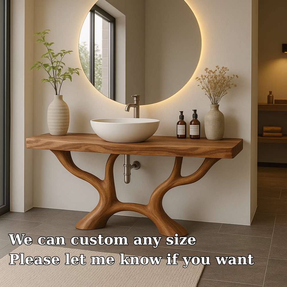 Handcrafted Solid Wood Bathroom Vanity with Organic Branch Design – Modern Natural Elegance Kitchnce
