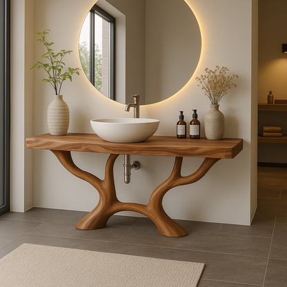Handcrafted Solid Wood Bathroom Vanity with Organic Branch Design – Modern Natural Elegance Kitchnce