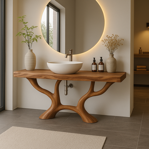 Handcrafted Solid Wood Bathroom Vanity with Organic Branch Design – Modern Natural Elegance Kitchnce