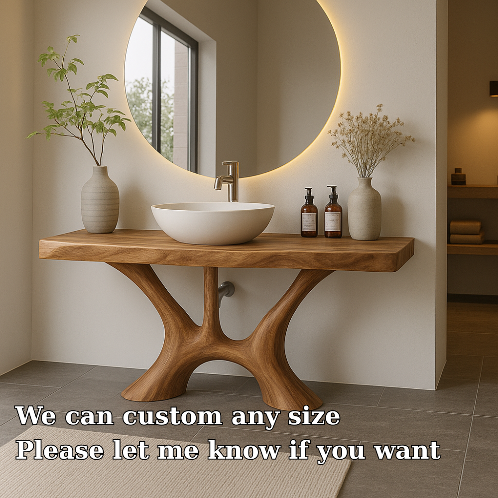 Handcrafted Solid Wood Bathroom Vanity with Organic Flow Design – Modern Natural Aesthetic Kitchnce