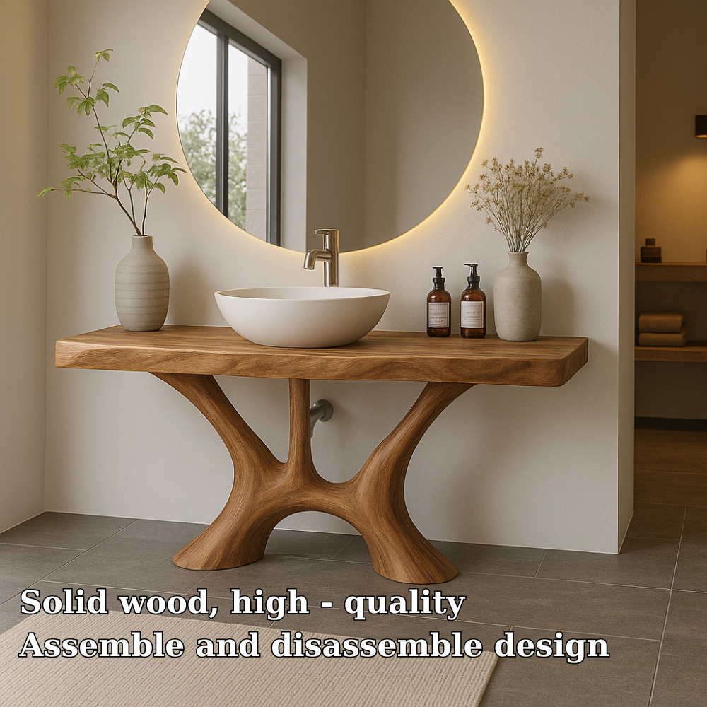 Handcrafted Solid Wood Bathroom Vanity with Organic Flow Design – Modern Natural Aesthetic Kitchnce