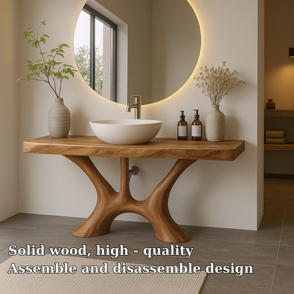 Handcrafted Solid Wood Bathroom Vanity with Organic Flow Design – Modern Natural Aesthetic Kitchnce