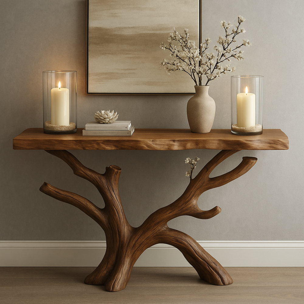 Handcrafted Solid Wood Console Table with Organic Tree Design – Modern Natural Home Décor Kitchnce