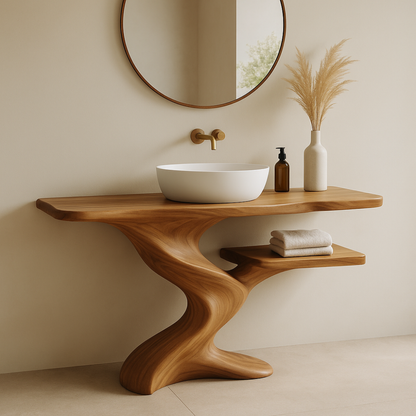 Handcrafted Solid Wood Bathroom Vanity with Organic Wave Design – Modern Minimalist Style Kitchnce