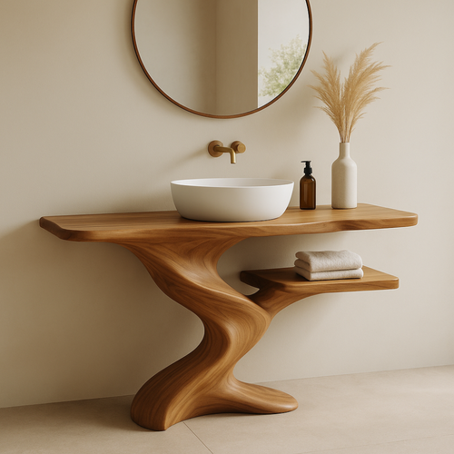 Handcrafted Solid Wood Bathroom Vanity with Organic Wave Design – Modern Minimalist Style Kitchnce