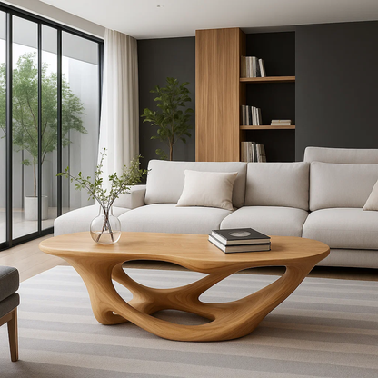 Handcrafted Solid Wood Coffee Table with Sculptural Organic Base – Modern Living Room Design Kitchnce