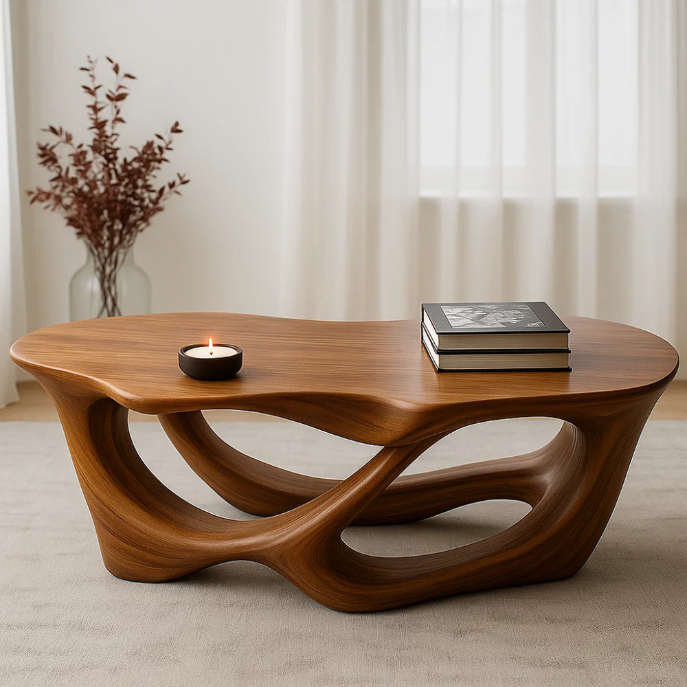 Handcrafted Solid Wood Coffee Table with Fluid Organic Form – Modern Sculptural Centerpiece Kitchnce