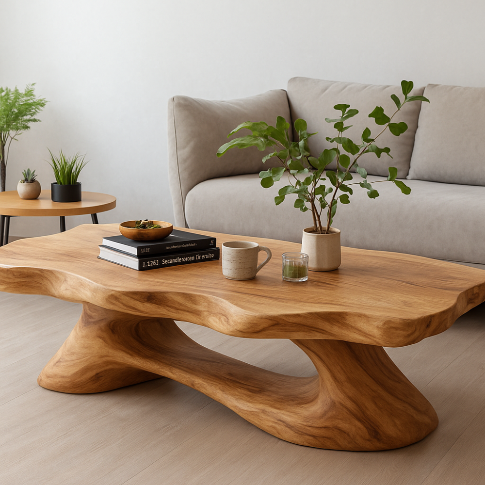 Handcrafted Solid Wood Coffee Table with Organic Flow Design – Modern Natural Living Room Decor Kitchnce