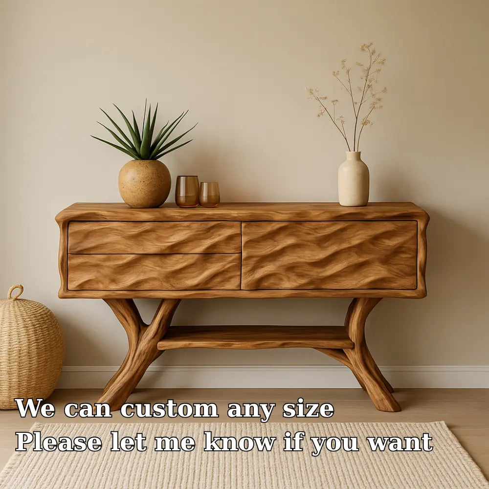 Handcrafted Solid Wood Console Table with Wave Texture Design – Modern Organic Furniture Kitchnce