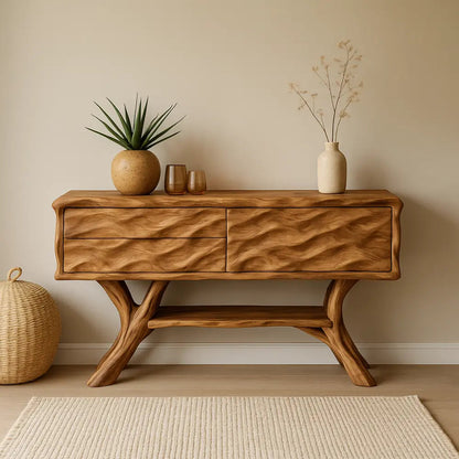 Handcrafted Solid Wood Console Table with Wave Texture Design – Modern Organic Furniture Kitchnce