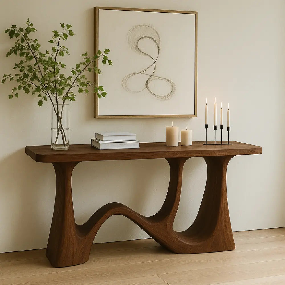 Handcrafted Solid Wood Console Table with Sculptural Wave Legs – Modern Minimalist Design Kitchnce