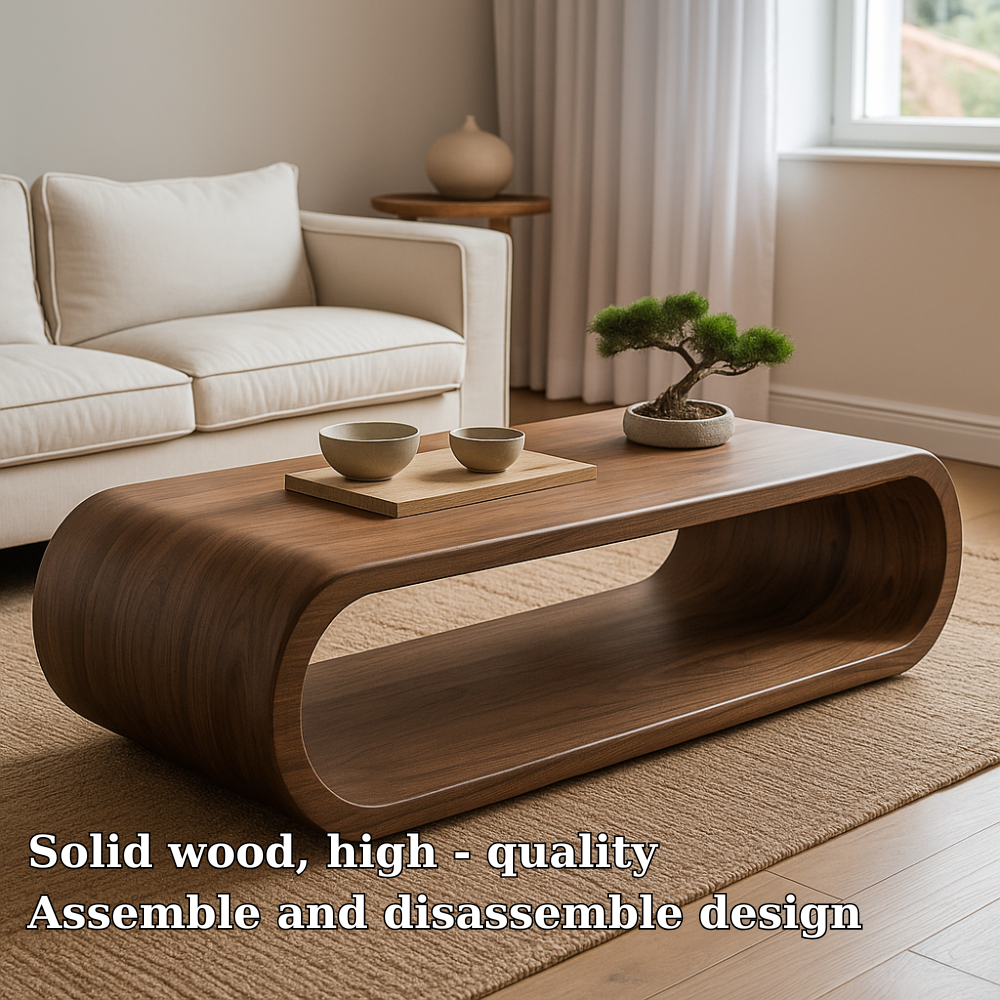 Handcrafted Solid Wood Coffee Table – Modern Minimalist Design with Smooth Curved Silhouette Kitchnce