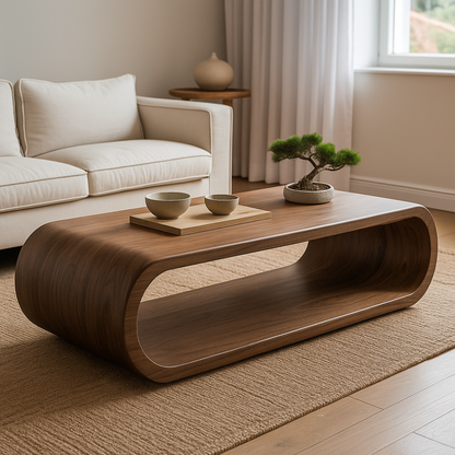 Handcrafted Solid Wood Coffee Table – Modern Minimalist Design with Smooth Curved Silhouette Kitchnce