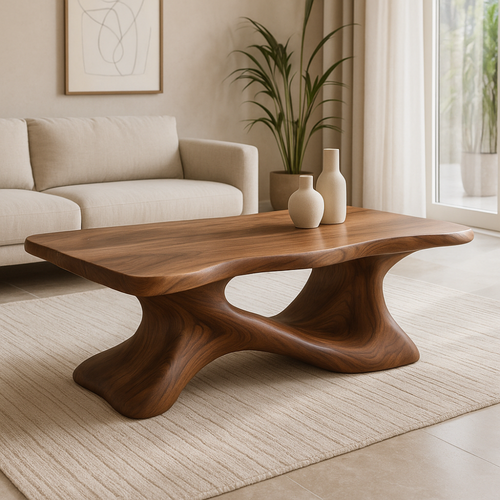Handcrafted Solid Wood Coffee Table – Sculptural Modern Design with Organic Flowing Form Kitchnce