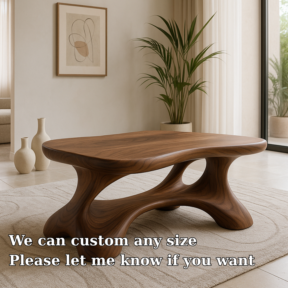 Handcrafted Solid Wood Coffee Table – Modern Sculptural Centerpiece with Organic Curves Kitchnce