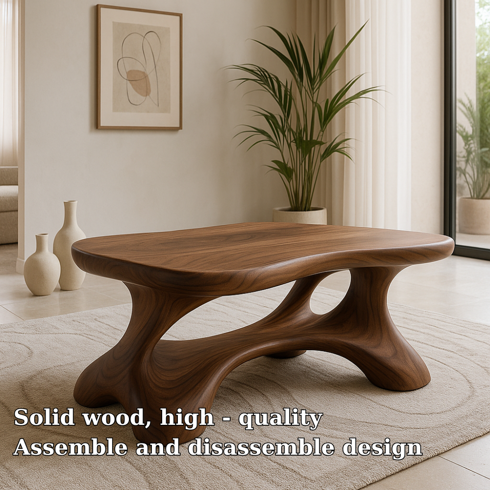 Handcrafted Solid Wood Coffee Table – Modern Sculptural Centerpiece with Organic Curves Kitchnce