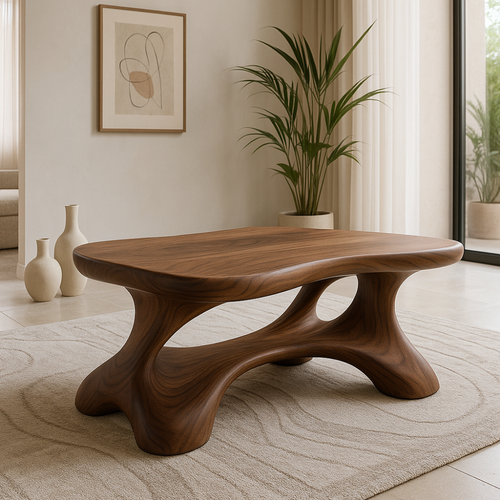 Handcrafted Solid Wood Coffee Table – Modern Sculptural Centerpiece with Organic Curves Kitchnce