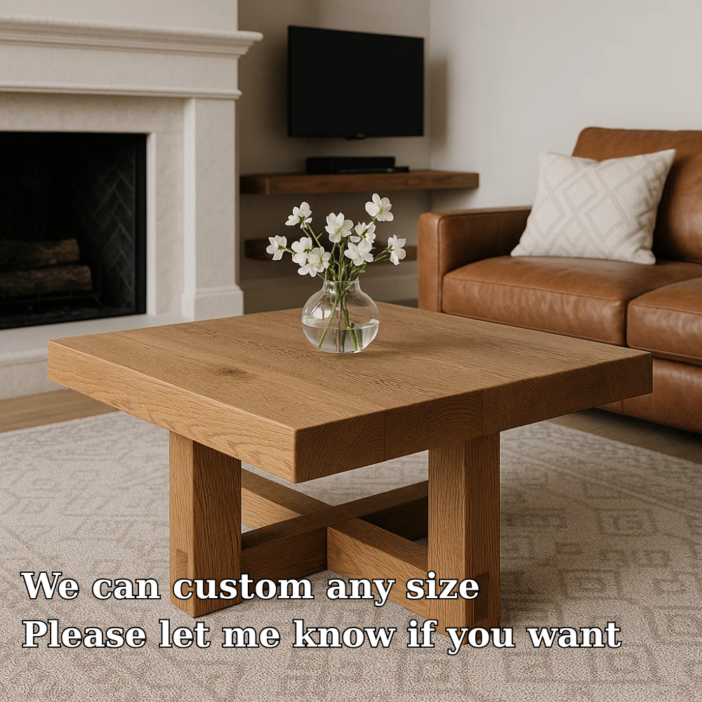 Handcrafted Solid Wood Coffee Table – Modern Minimalist Square Design with Cross Base Kitchnce