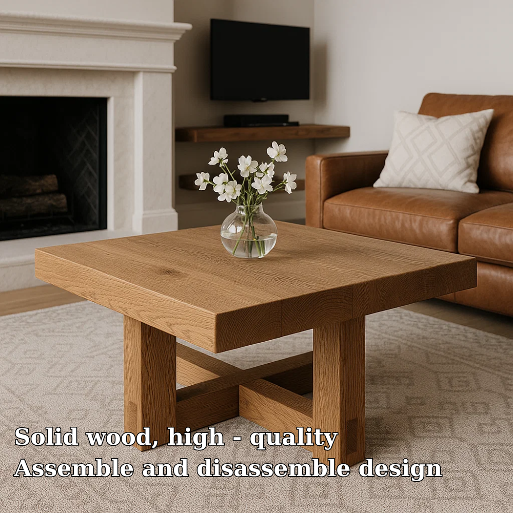 Handcrafted Solid Wood Coffee Table – Modern Minimalist Square Design with Cross Base Kitchnce