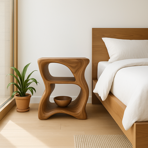 Handcrafted Solid Wood Nightstand – Modern Sculptural Bedside Table with Open Shelves Kitchnce