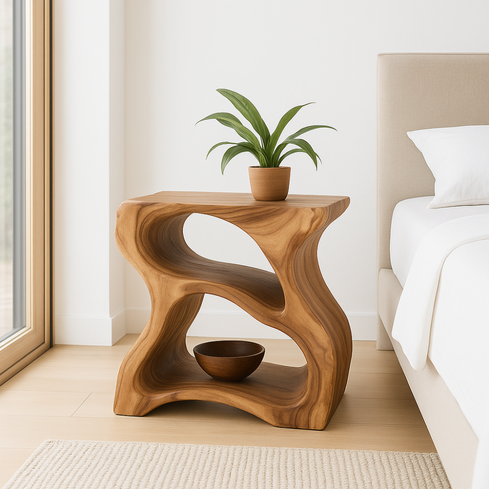 Handcrafted Solid Wood Nightstand – Modern Sculptural Bedside Table with Open Storage Kitchnce