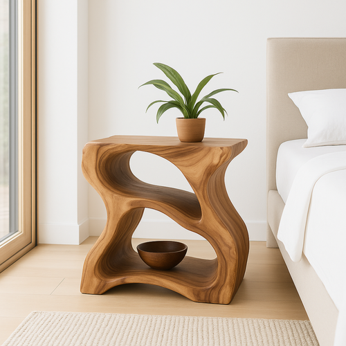 Handcrafted Solid Wood Nightstand – Modern Sculptural Bedside Table with Open Storage Kitchnce