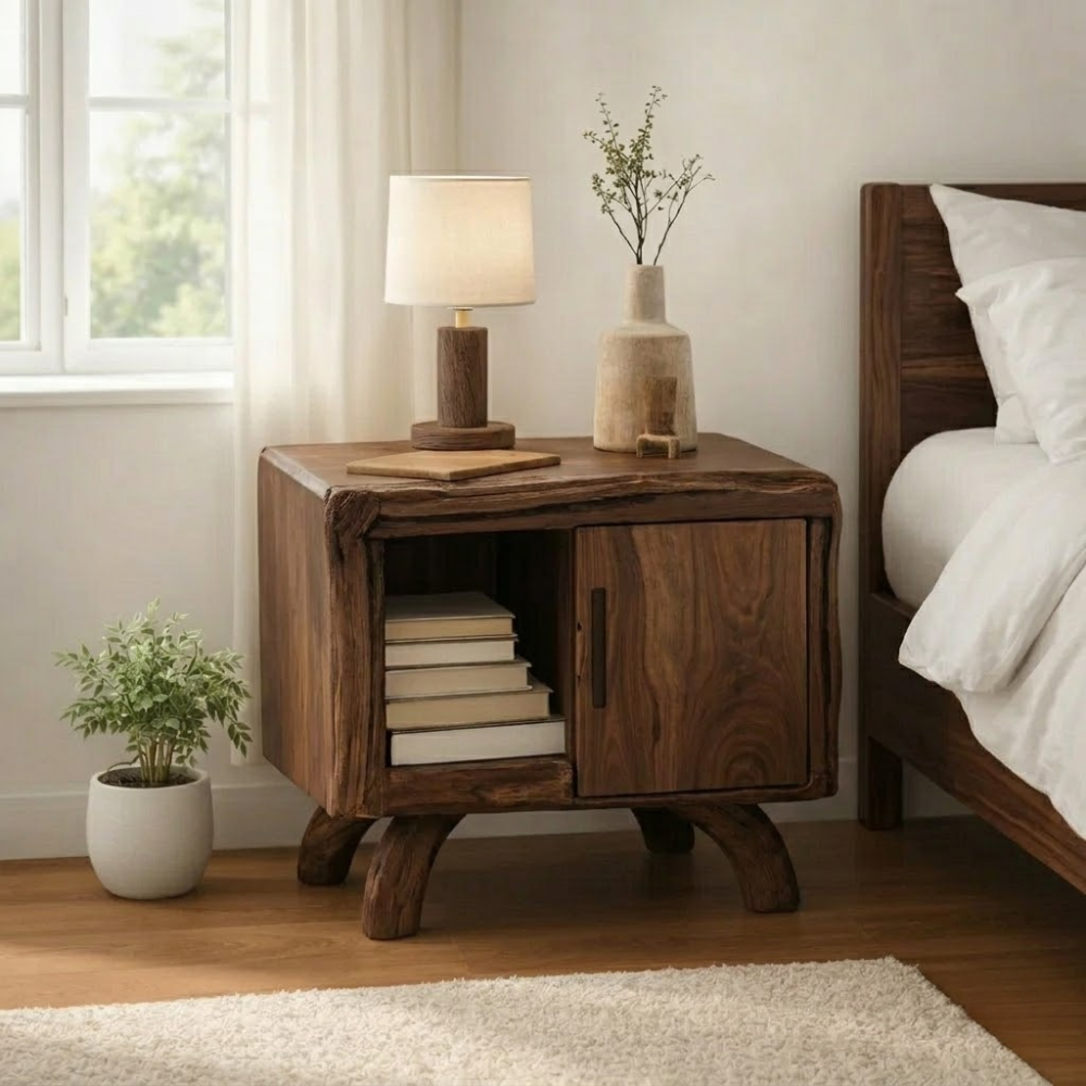 Solid Wood Nightstand with Door & Shelf – Rustic Live Edge Bedside Table
