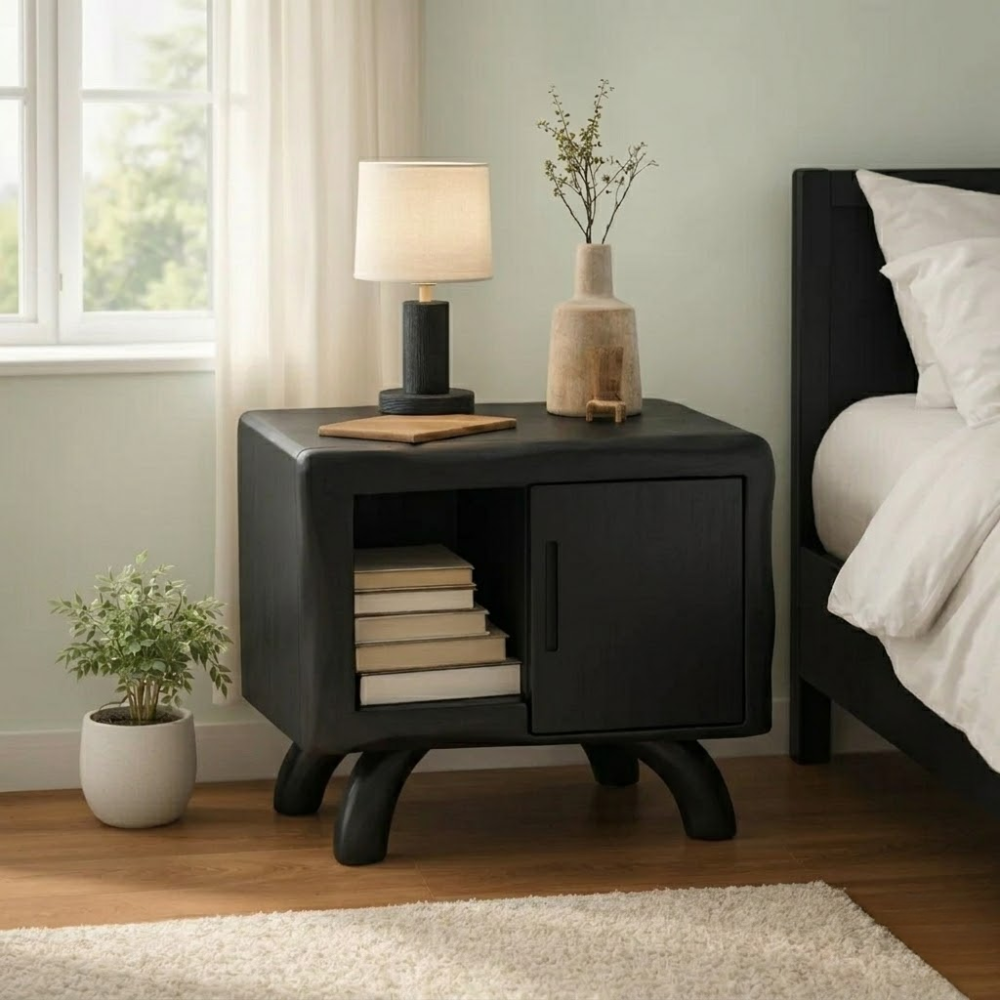 Solid Wood Nightstand with Door & Shelf – Rustic Live Edge Bedside Table