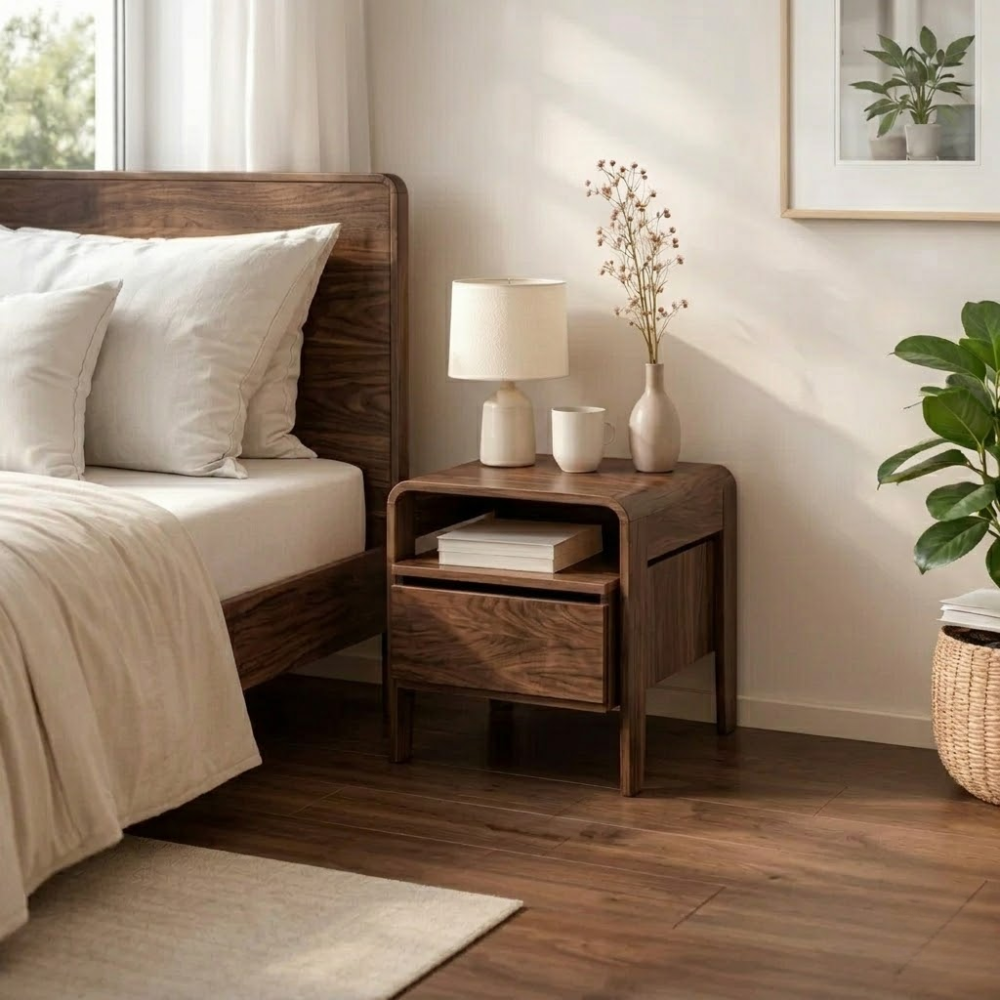Solid Wood Nightstand with Drawer & Shelf – Modern Bedside Table