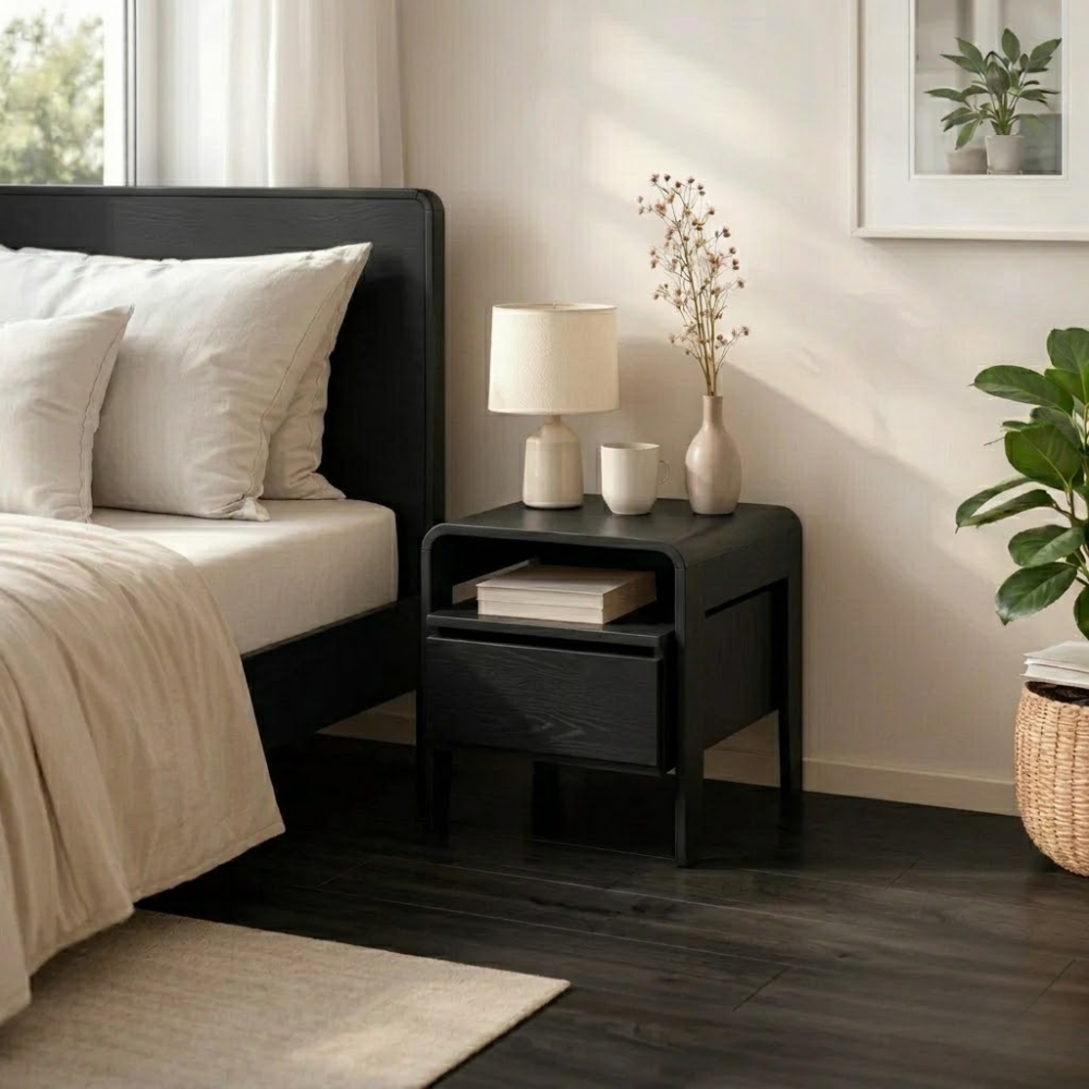 Solid Wood Nightstand with Drawer & Shelf – Modern Bedside Table