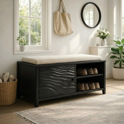 Solid Wood Shoe Bench with Cushion & Storage – Entryway Organizer with Shelf