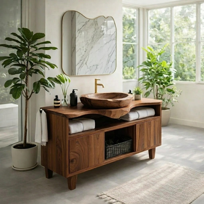 Solid Wood Bathroom Vanity Cabinet with Storage – Modern Oak Vanity Base Only