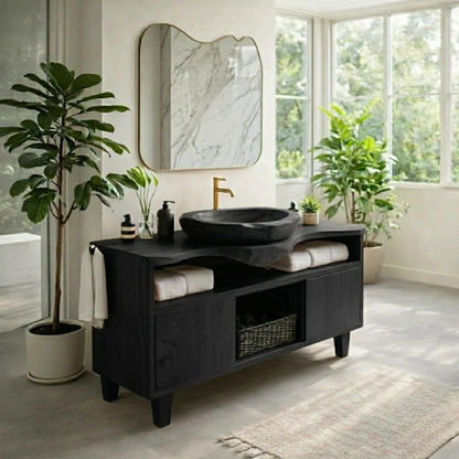 Solid Wood Bathroom Vanity Cabinet with Storage – Modern Oak Vanity Base Only