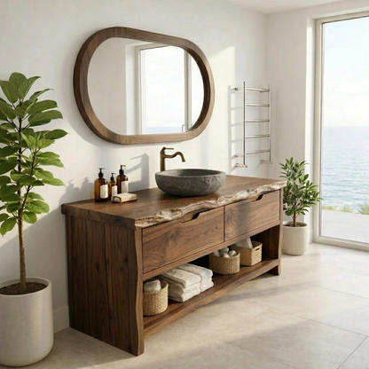 Solid Wood Bathroom Vanity Cabinet with Live Edge – Rustic Vanity Base Only