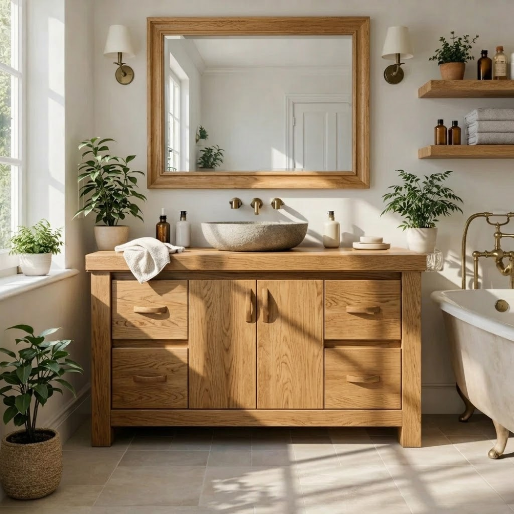 Solid Wood Bathroom Vanity Cabinet with Drawers – Rustic Oak Vanity Base Only
