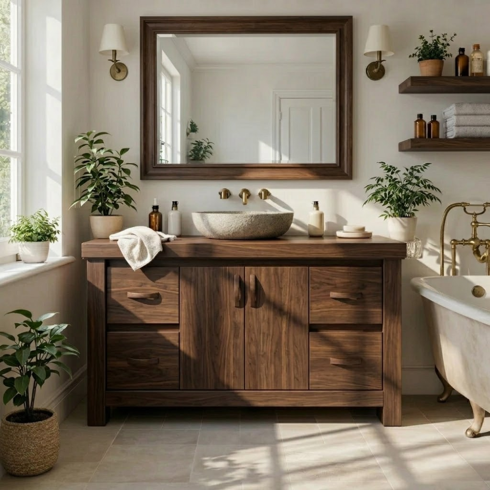 Solid Wood Bathroom Vanity Cabinet with Drawers – Rustic Oak Vanity Base Only