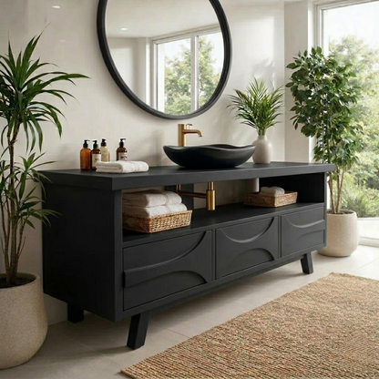 Solid Wood Bathroom Vanity Cabinet with Drawers – Modern Walnut Vanity Base Only