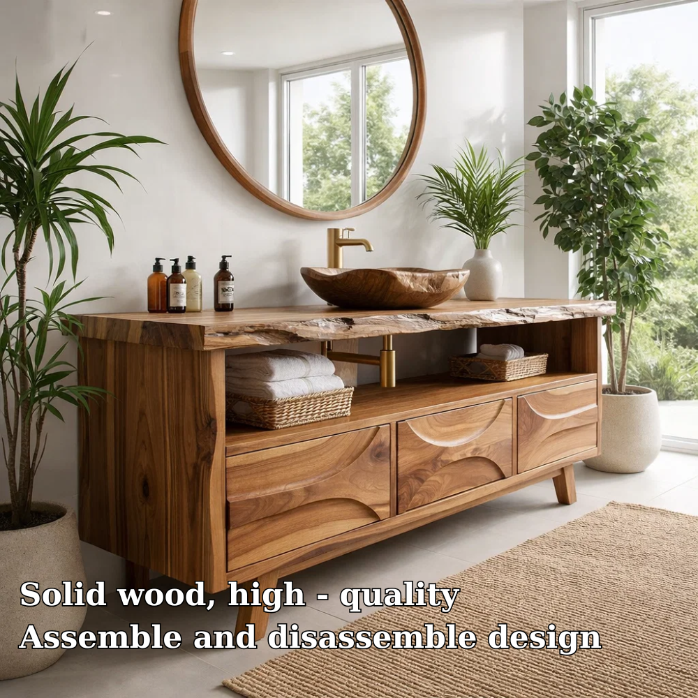 Solid Wood Bathroom Vanity Cabinet with Drawers – Modern Walnut Vanity Base Only