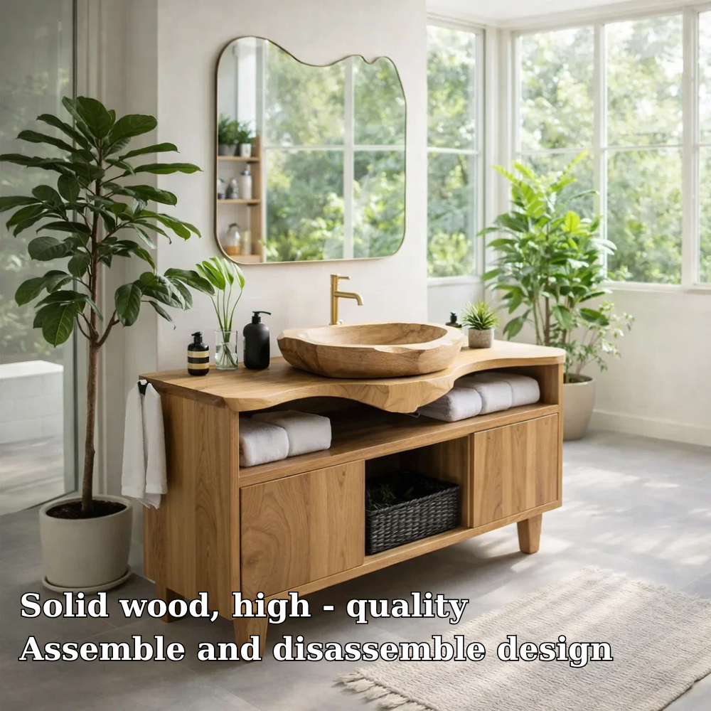 Solid Wood Bathroom Vanity Cabinet with Storage – Modern Oak Vanity Base Only