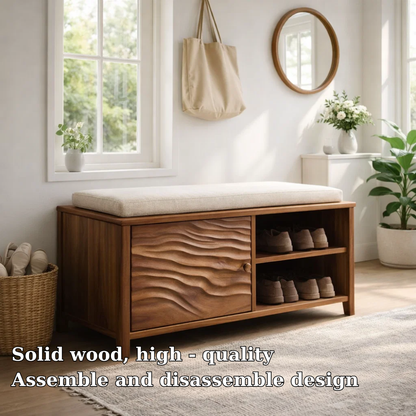 Solid Wood Shoe Bench with Cushion & Storage – Entryway Organizer with Shelf