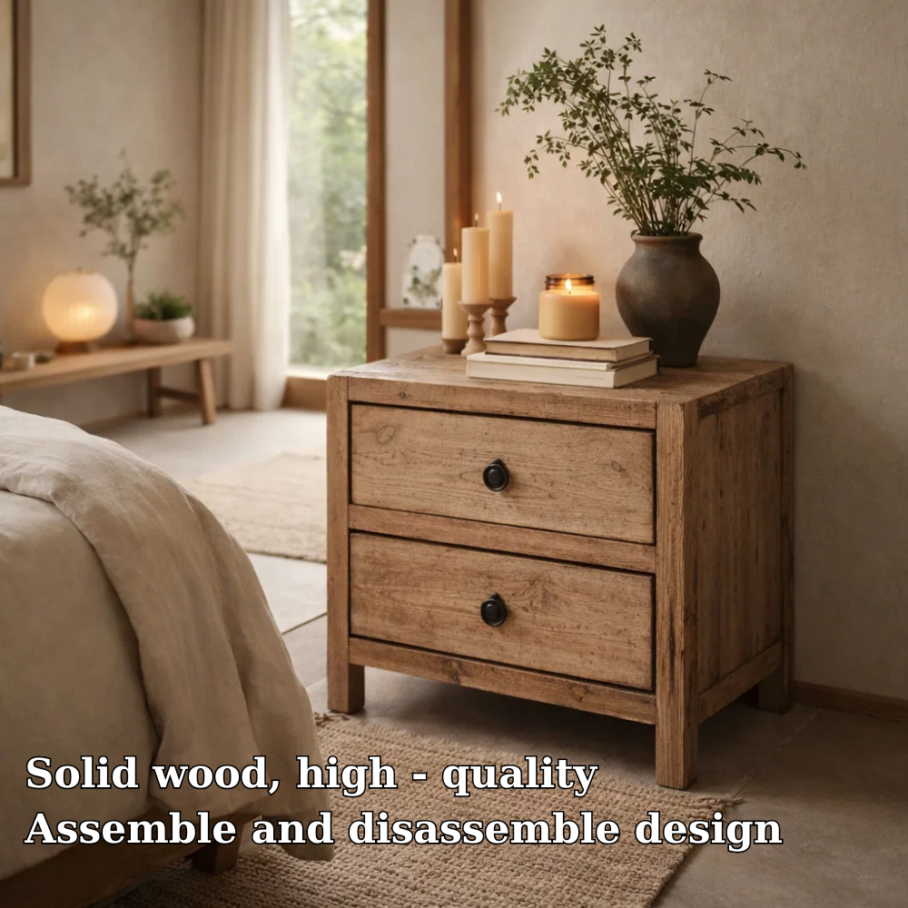 Solid Wood Nightstand with 2 Drawers – Rustic Bedside Table Storage Cabinet
