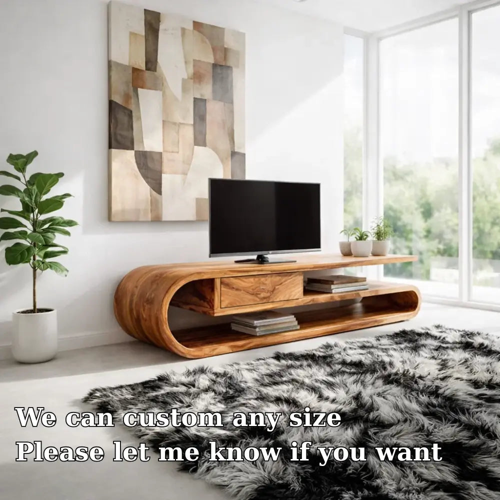 Solid Wood TV Cabinet Curved Design – Modern Oak Media Console Kitchnce
